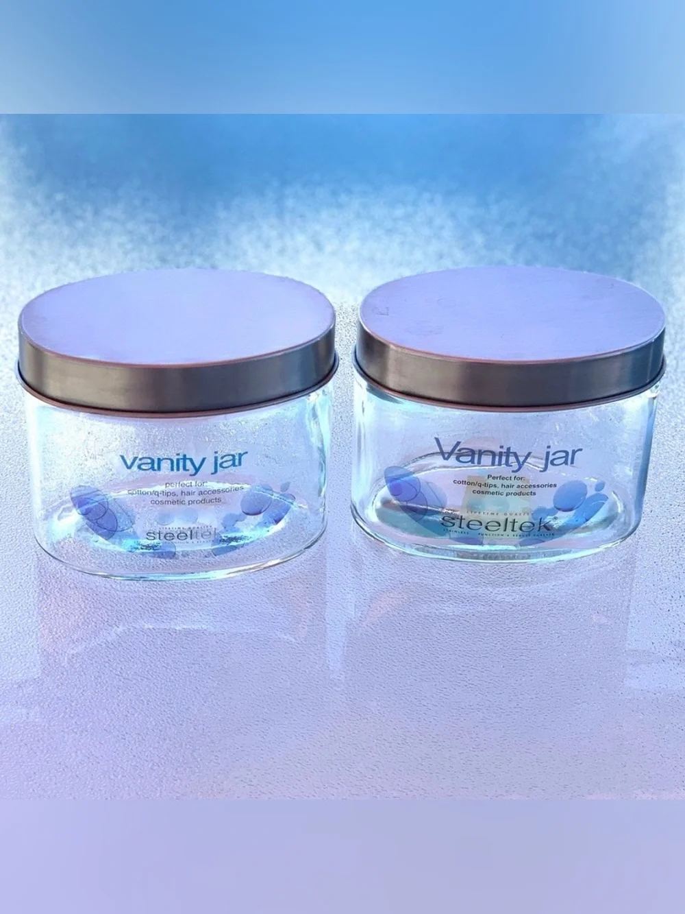 Steeltek Glass Oval Vanity Jars with Stainless Steel Lids ~ Set of 2